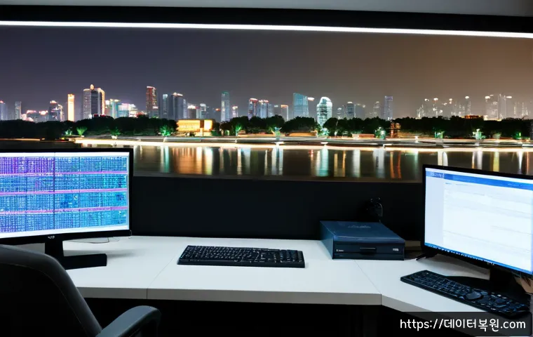 옥수동 POOL_CORRUPTION_IN_FILE_AREA - Photorealistic remote-support workstation in a modern riverside apartment office, dual monitors disp...