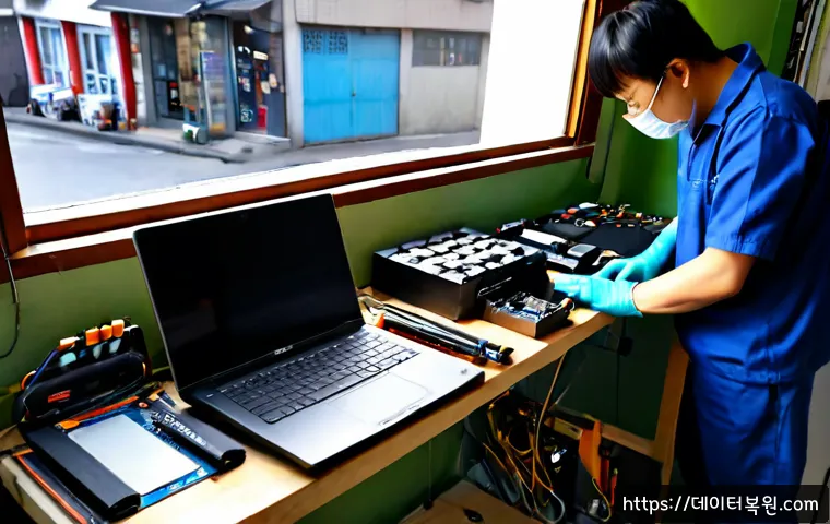 동산동 맥북에어 판매 및 수리 - Photorealistic laptop repair bench in a compact neighborhood electronics workshop, ultra-thin silver...