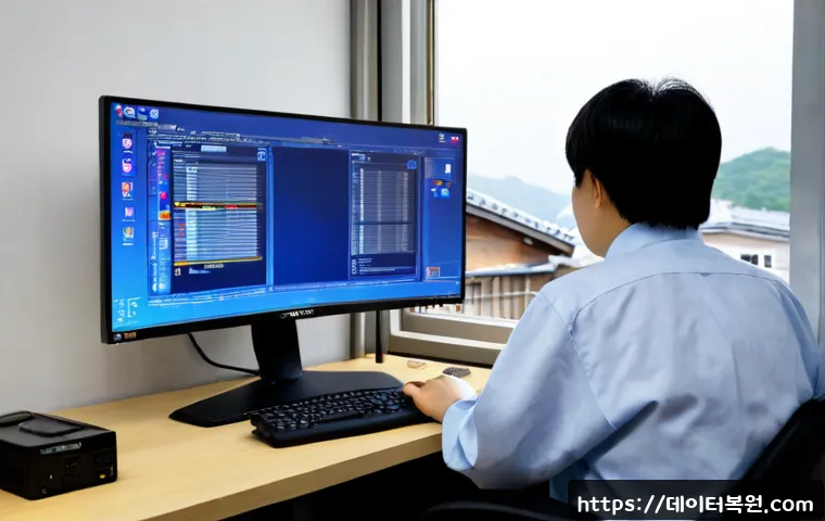 제기동 INTERNAL_POWER_ERROR - Photorealistic IT support workstation in a compact Seoul neighborhood office, desktop monitor showin...