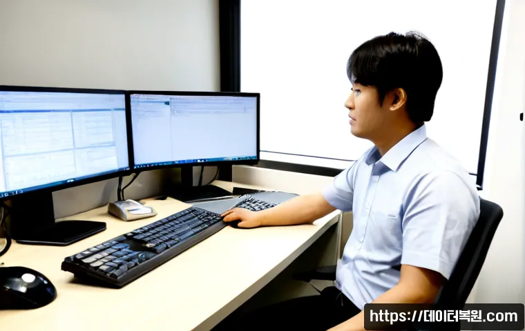 오장동 STATUS_DISK_CORRUPTION - Photorealistic IT support workstation in a compact Ojang-dong office, technician examining an opened...