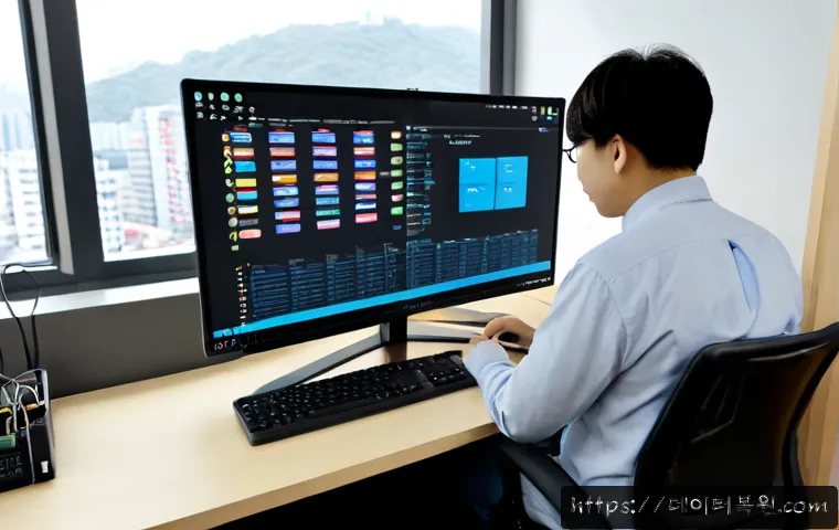후암동 STATUS_INVALID_PAGE - Photorealistic IT support workstation in a compact hillside Seoul office, dual monitors showing a bl...