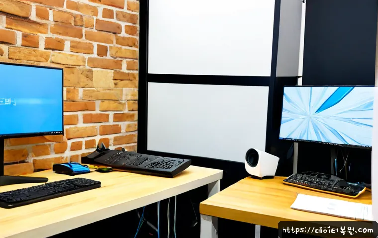 상수동 KERNEL_MODE_HEAP_CORRUPTION - Photorealistic remote-support workstation in a compact Sangsu-dong creative studio, dual monitors sh...