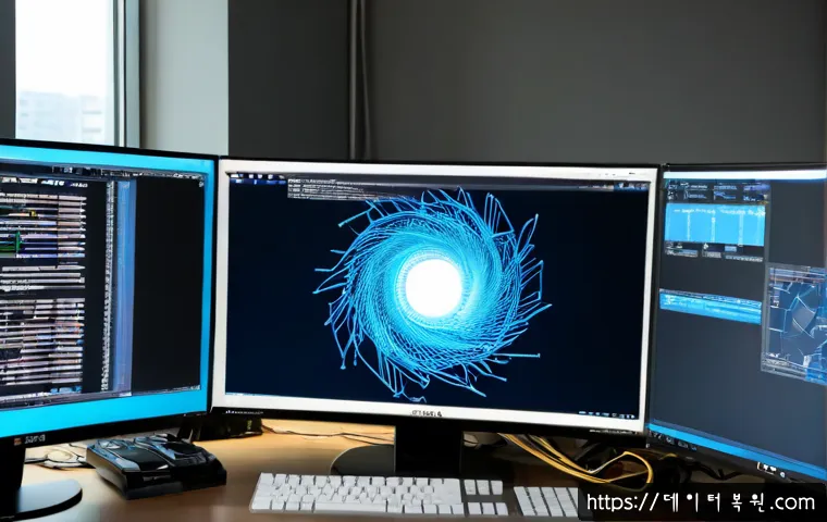 이촌동 UNEXPECTED_KERNEL_MODE_TRAP - Photorealistic IT support workstation in a refined Yongsan apartment office, engineer examining a de...
