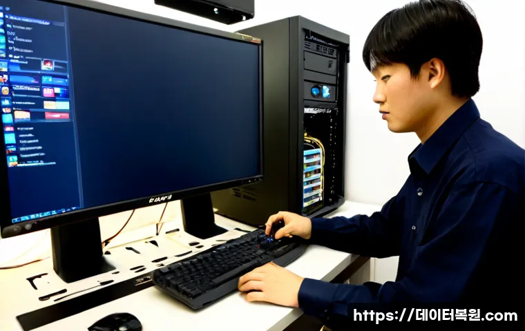 회현동 윈도우7 windows7 재설치 포맷 초기화 - Photorealistic compact computer repair workstation in Hoehyeon-dong, a technician reinstalling an ol...