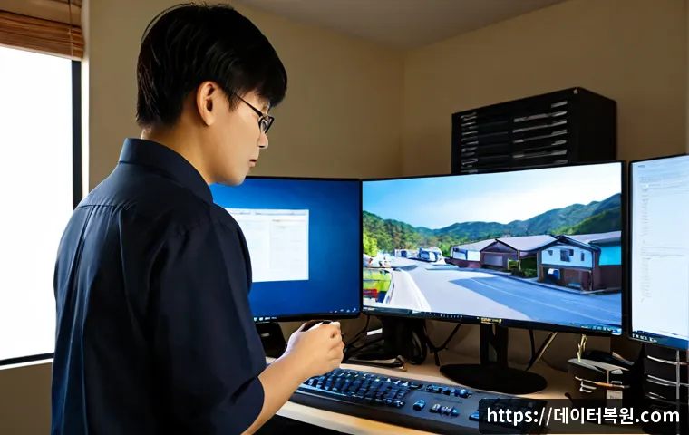 부암동 자동복구 - Photorealistic PC repair workstation in a quiet hillside neighborhood office, dual monitors showing ...