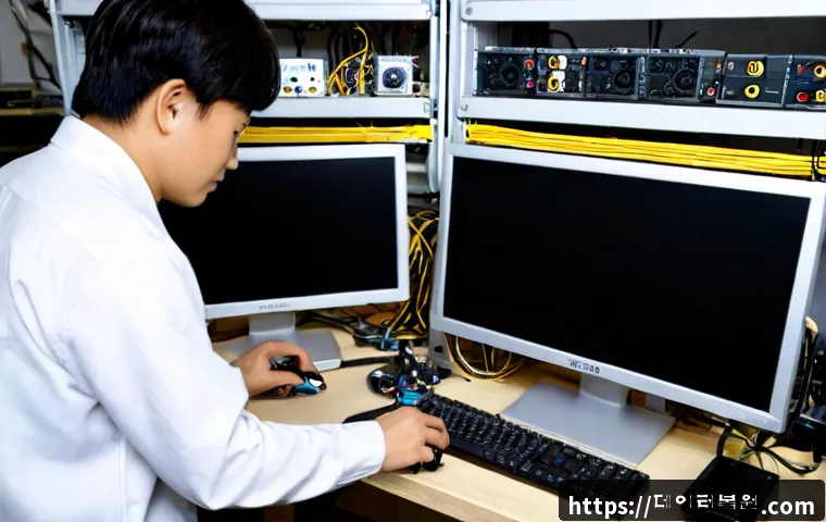 예지동 모니터화면 안나옴 - Photorealistic electronics repair workstation in Yejidong, Seoul, dual desktop monitors with blank b...