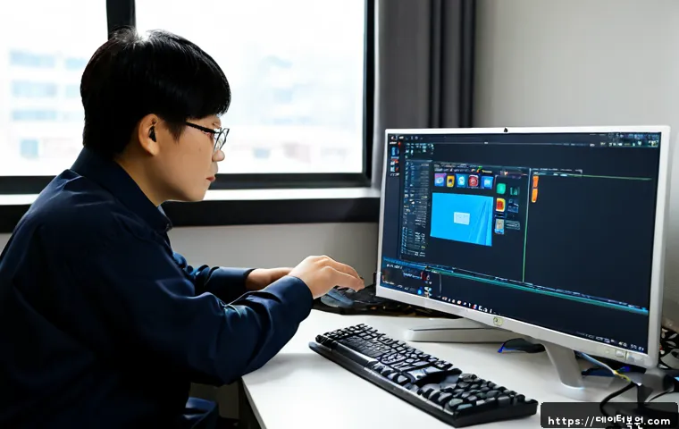 화동 STATUS_MEMORY_OVERFLOW - Photorealistic computer repair workstation in Hwadong, Seoul, an IT technician diagnosing a desktop ...
