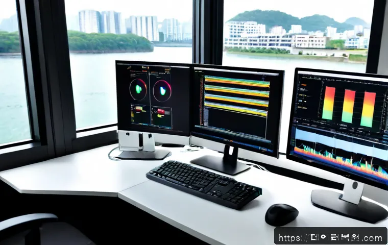 덕은동 STATUS_INVALID_DEVICE_REQUEST - Photorealistic IT support workstation in a modern Deogeun-dong office, dual monitors showing abstrac...