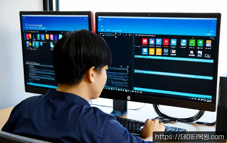 흥인동 출장방문윈도우 windows 설치 - Photorealistic IT technician installing Windows on a sleek desktop workstation in a compact Heungin-...