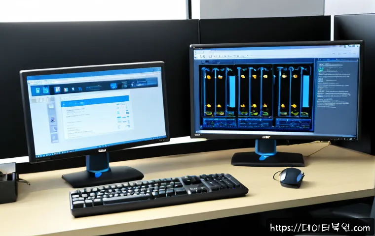 성현동 STATUS_KERNEL_CONFIGURATION_ERROR - Photorealistic IT support workstation in a compact Seonghyeon-dong office, dual monitors showing a b...