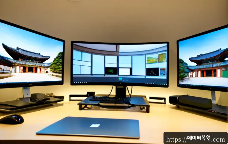 권농동 SESSION_HAS_VALID_VIEWS_ON_EXIT - Photorealistic remote-support workstation inside a quiet Gwanong-dong home office, dual monitors dis...