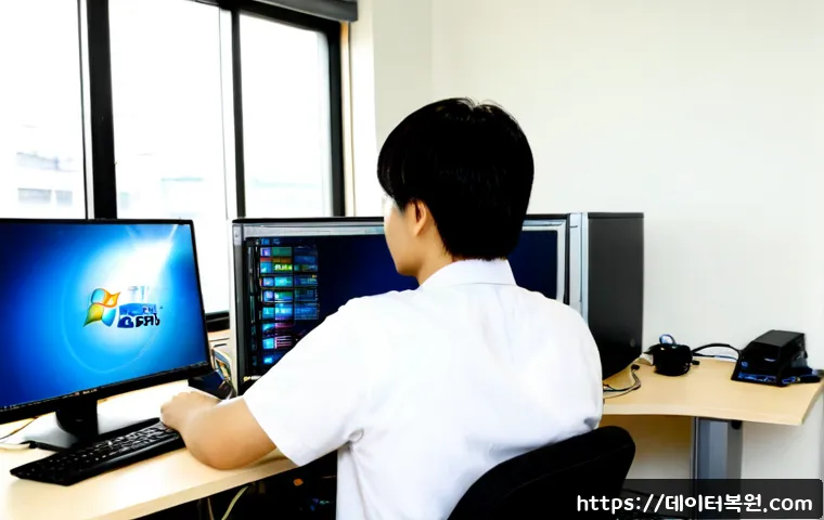 양재동 ubuntu재설치 포맷 초기화 - Photorealistic remote-support workstation in a Yangjae-dong office, technician carefully reinstallin...