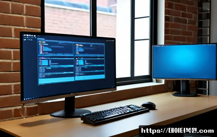 정동 DRIVER_CAUSED_SYSTEM_CRASH - Photorealistic IT support workstation in a quiet Jeong-dong office, dual monitors showing a blank bl...