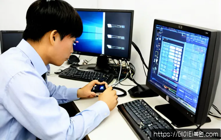 경운동 BUGCODE_USB_DRIVER - Photorealistic computer repair workstation in a compact Jongno district office, technician reconnect...