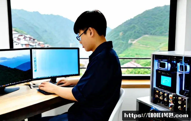 응봉동 본체 꺼졌다 켜졌다 할때 - Photorealistic remote-support workstation in a compact Eungbong-dong apartment, desktop tower repeat...