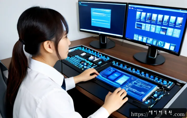 가학동 블루스크린 - Photorealistic IT support scene in a compact Gaheok-dong office, dual-monitor workstation with one d...
