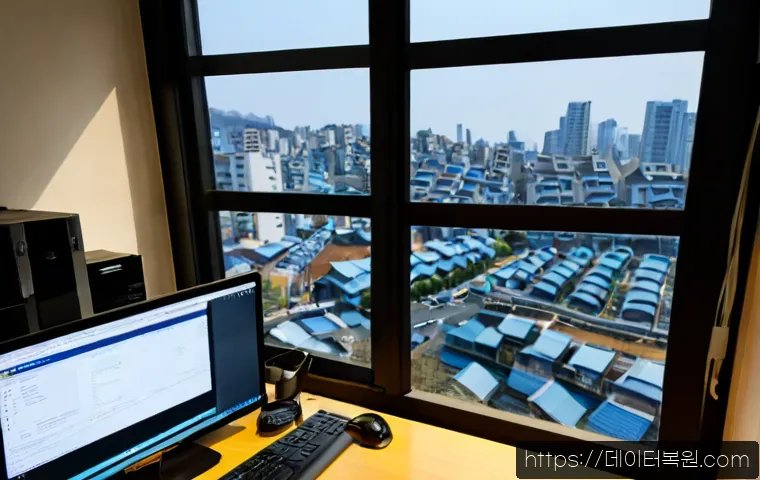 신당동 POOL_CORRUPTION_IN_FILE_AREA - Photorealistic IT support workstation in a compact Seoul apartment office, dual monitors showing a c...