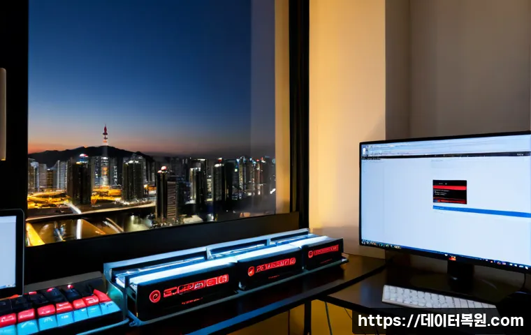 답십리동 STATUS_DISK_FULL - Photorealistic IT support workstation in a compact Dapsimni-dong office, frustrated designer facing ...