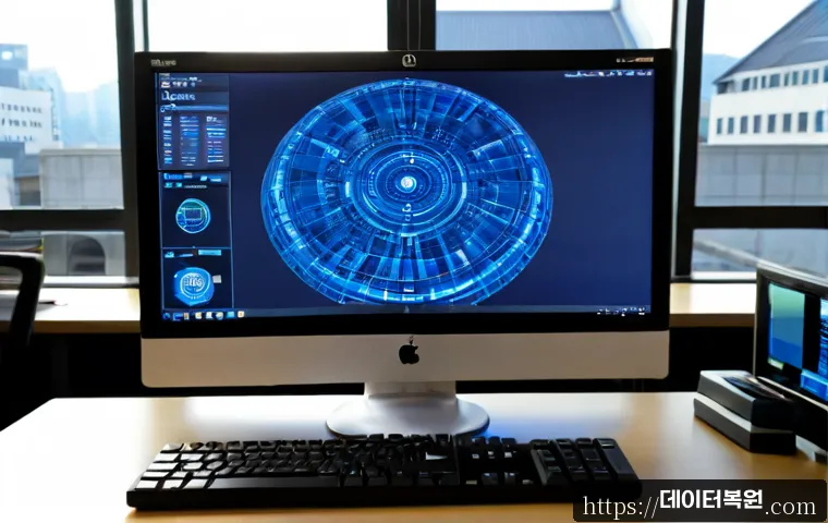 종로구 블루스크린 - Photorealistic IT support workstation in Jongno, Seoul, a frustrated office designer facing a deskto...