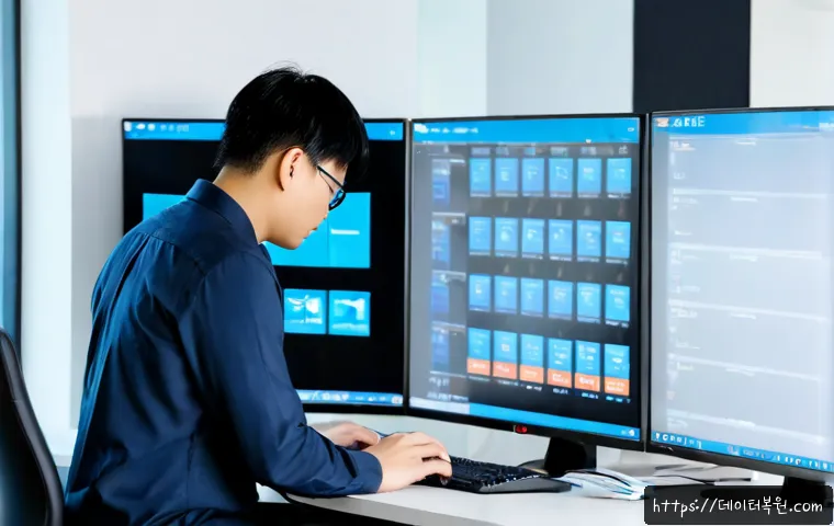 세종로 DPC_WATCHDOG_VIOLATION - Photorealistic IT support workstation in a modern office near a broad civic boulevard, dual monitors...