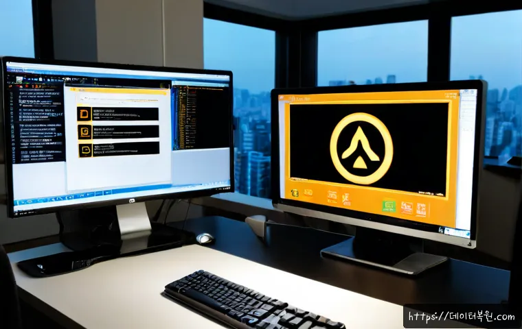 공덕동 STATUS_SYSTEM_LICENSE_INVALID - Photorealistic IT support workstation in a compact modern office near Gongdeok, dual monitors showin...