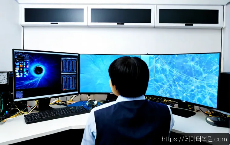 영등포동 CLOCK_WATCHDOG_TIMEOUT - Photorealistic IT support workstation in a compact Yeongdeungpo office, dual monitors showing a froz...