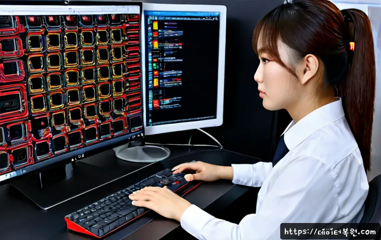 하중동 STATUS_STACK_BUFFER_OVERRUN - Photorealistic IT support workstation in Hajeong-dong, dual monitors displaying abstract red system ...