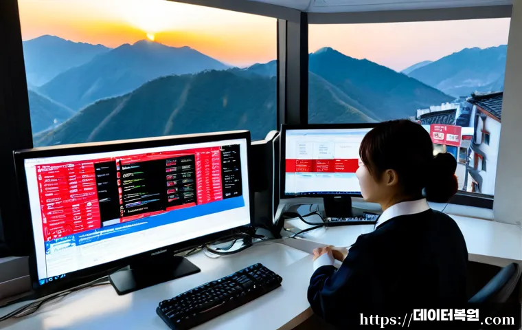 은평구 REGISTRY_ERROR - Photorealistic IT support workstation in Eunpyeong-gu, dual monitors showing a clean abstract system...