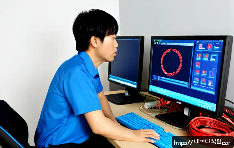 용산구 STATUS_CONNECTION_REFUSED - Photorealistic modern workstation in a Yongsan electronics repair studio, frustrated IT specialist f...