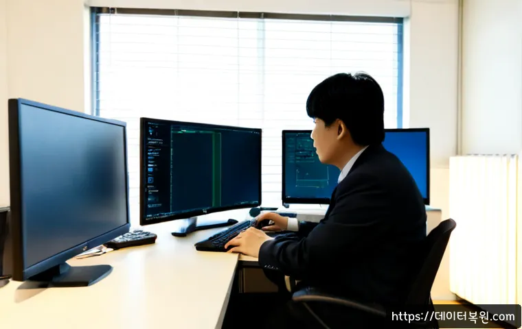 중학동 악성코드 바이러스 - Photorealistic cybersecurity workstation in a quiet Jonghak-dong office, dual monitors showing a tex...