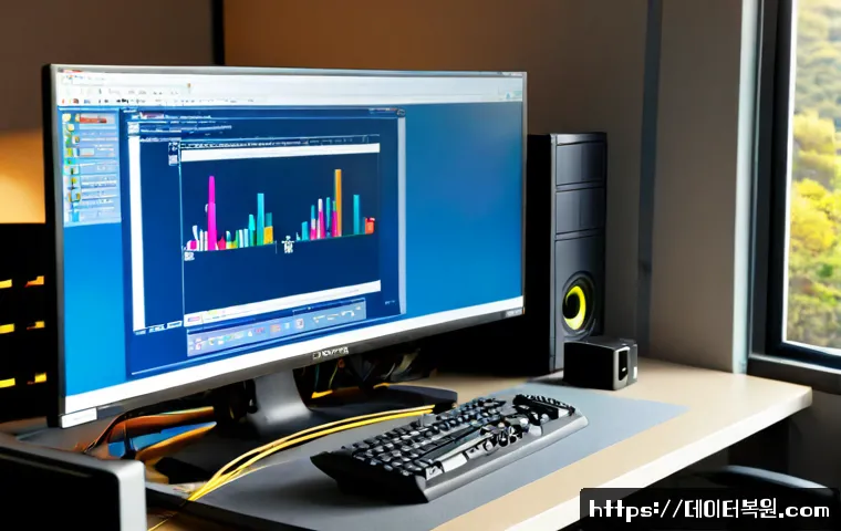 만리동 STATUS_DRIVER_ENTRYPOINT_NOT_FOUND - Photorealistic IT support workstation in a compact office near a hillside rail district, dual monito...