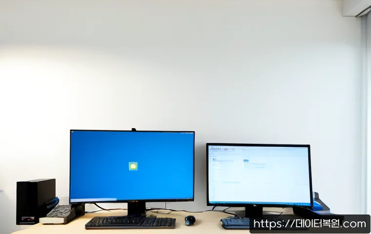 방배동 PAGE_FAULT_IN_NONPAGED_AREA - Photorealistic IT support workstation in a compact Bangbae-dong apartment office, dual monitors show...