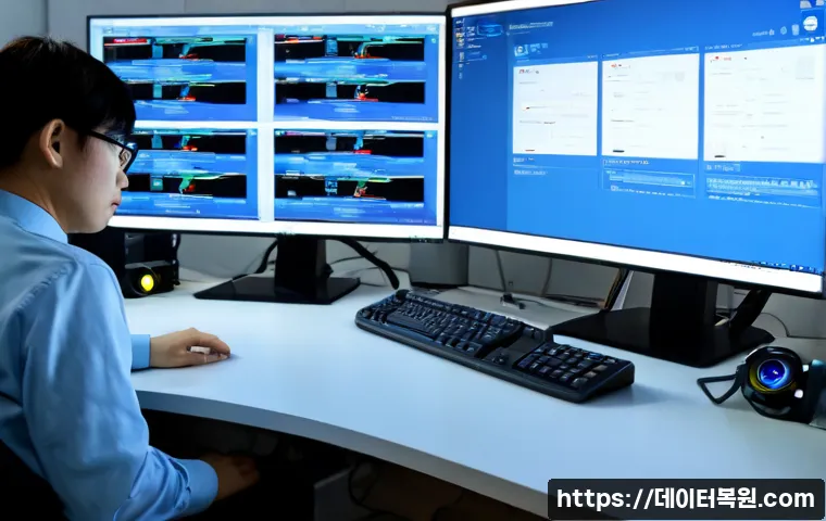 원효로 WATCHDOG_VIOLATION - Photorealistic IT support workstation in a compact Yongsan-style office near Wonhyo-ro, dual monitor...