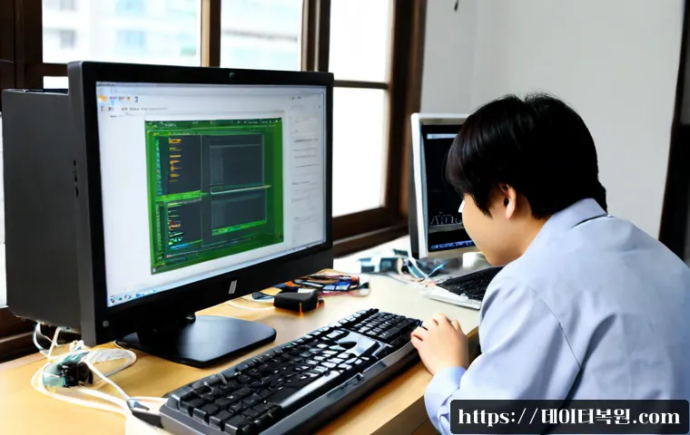숭인동 아이맥 판매 및 수리 - Photorealistic computer repair workshop in Sungin-dong, Seoul, technician carefully diagnosing a sle...