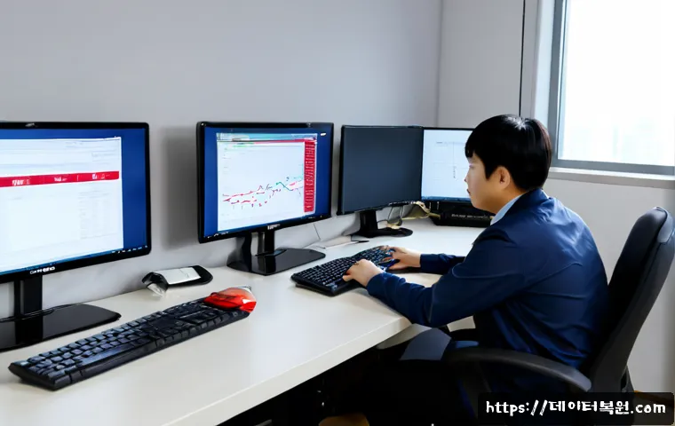 수송동 STATUS_KERNEL_REGISTRY_ERROR - Photorealistic IT support workstation in a compact Susong-dong office, dual monitors showing a clean...