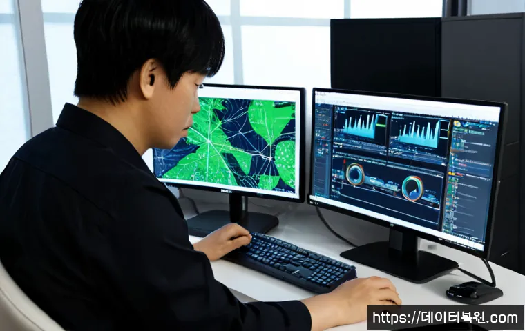 효제동 악성코드 바이러스 - Photorealistic IT support workstation in a compact Hyoje-dong office, dual monitors showing abstract...