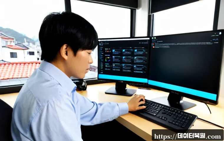 봉익동 linux재설치 포맷 초기화 - Photorealistic IT workstation in a compact Seoul apartment office, technician reinstalling Linux on ...