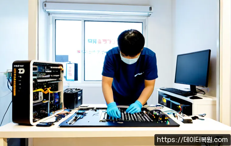 상계동 아이맥 판매 및 수리 - Photorealistic computer repair workshop in Sanggye-dong, a sleek all-in-one desktop carefully opened...