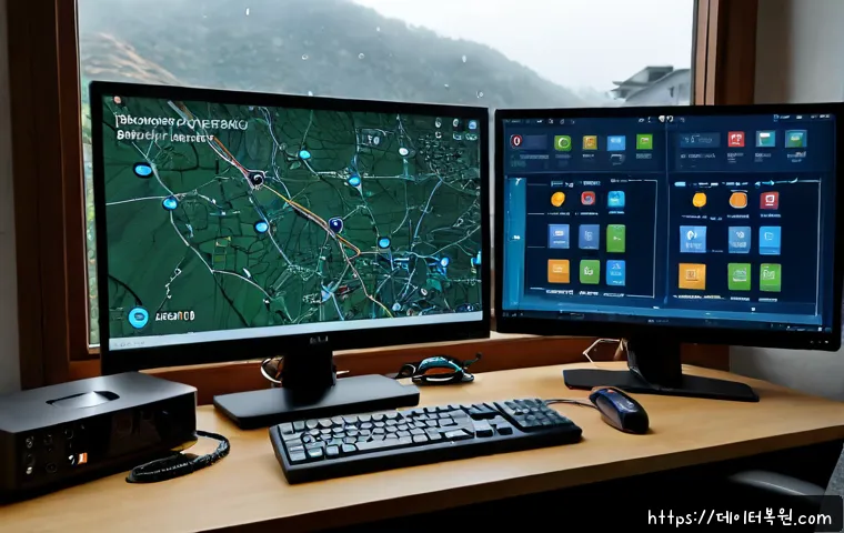 홍지동 STATUS_KERNEL_CONNECTION_TIMEOUT - Photorealistic remote IT support workstation in a quiet hillside neighborhood apartment, dual monito...