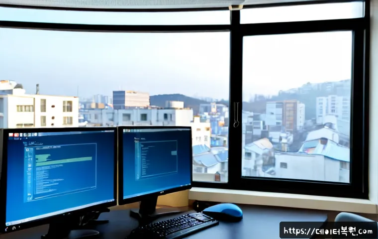 인수동 NDIS_INTERNAL_ERROR - Photorealistic IT support workstation in a compact Korean neighborhood office, dual monitors showing...