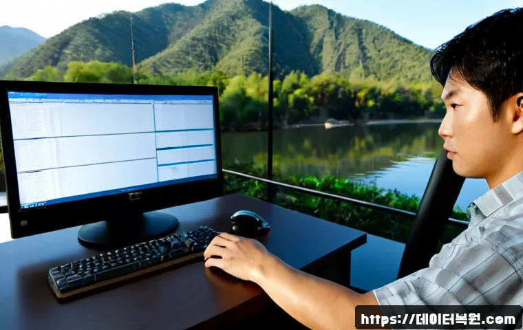 가평읍 BUGCODE_USB_DRIVER - Photorealistic remote-support workstation in a quiet riverside county office near forested mountains...