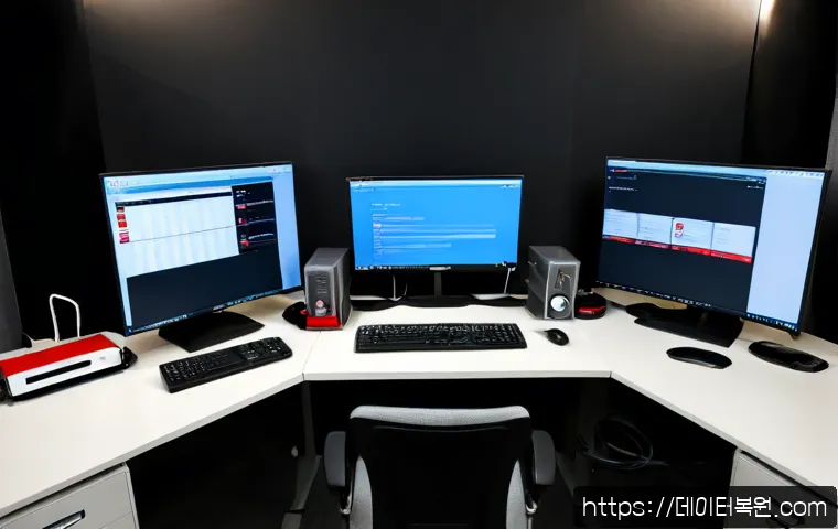 일산 STATUS_PAGEFILE_MISSING - Photorealistic IT support workstation in Ilsan, dual monitors showing a minimalist status dashboard ...