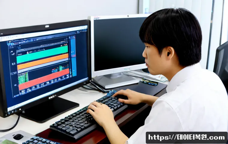 송포동 ATTEMPTED_EXECUTE_OF_NOEXECUTE_MEMORY - Photorealistic IT support workstation in a compact Songpo-dong office, dual monitors showing abstrac...