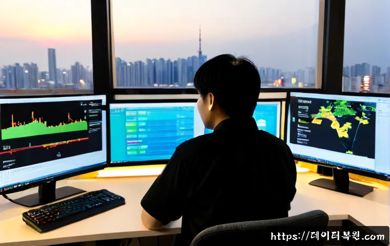 방이동 STATUS_IO_TIMEOUT - Photorealistic IT support workstation in a modern Bangi-dong office, technician viewing a silent con...
