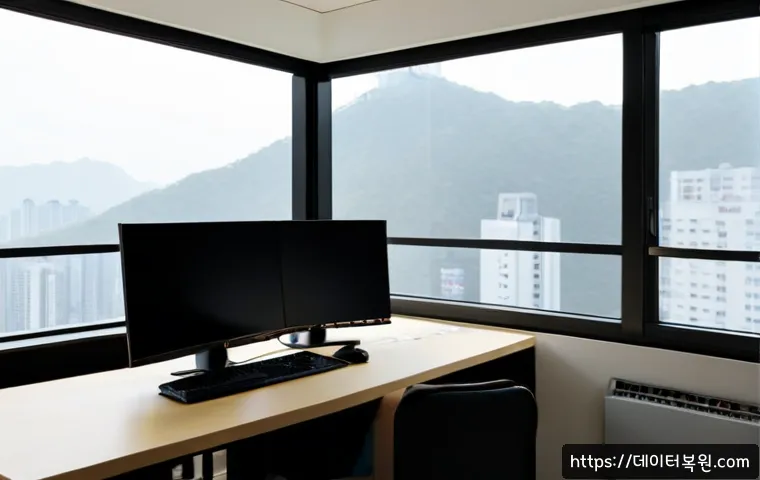 반포동 VIDEO_DRIVER_INIT_FAILURE - Photorealistic premium workstation in a quiet Banpo apartment office, dual monitors showing a blank ...