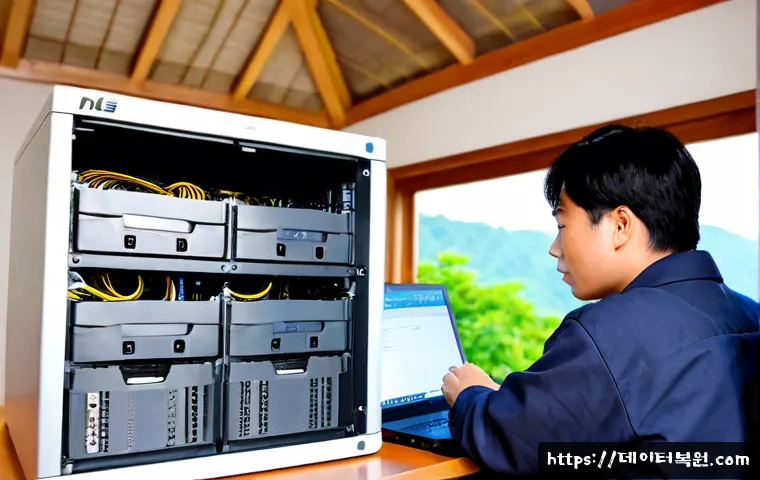 권농동 NAS출장방문수리점 - Photorealistic onsite NAS repair in a compact Gyeongju residential office, technician connecting a m...