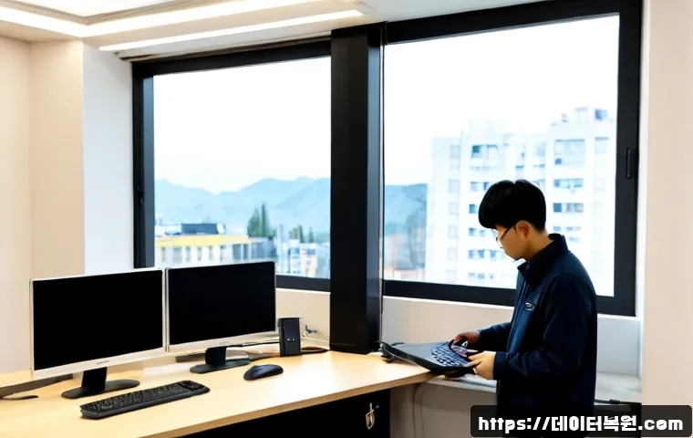 연건동 SESSION3_INITIALIZATION_FAILED - Photorealistic remote-support workstation in a compact university-district office, dual monitors sho...