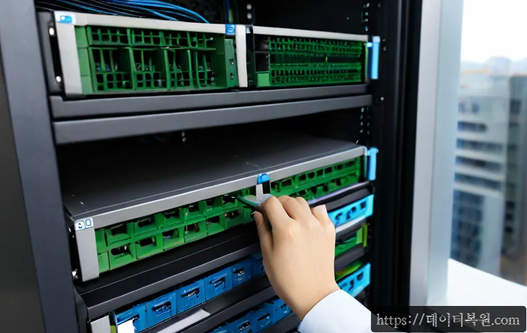 고봉동 파일서버출장방문수리점 - Photorealistic on-site file server repair in a compact Gobong-dong office, technician reconnecting R...