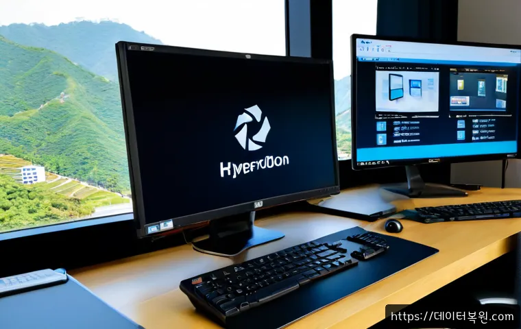 만리동 STATUS_INVALID_IMAGE_FORMAT - Photorealistic remote IT support workstation in a compact Mangnidong office, dual monitors showing a...