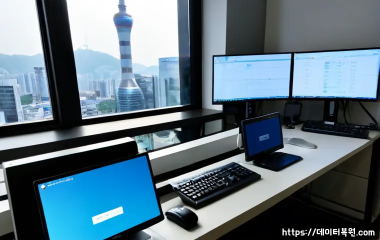 청진동 STATUS_KERNEL_MODE_EXCEPTION - Photorealistic remote-support workstation in a compact Cheongjin-dong office, dual monitors showing ...